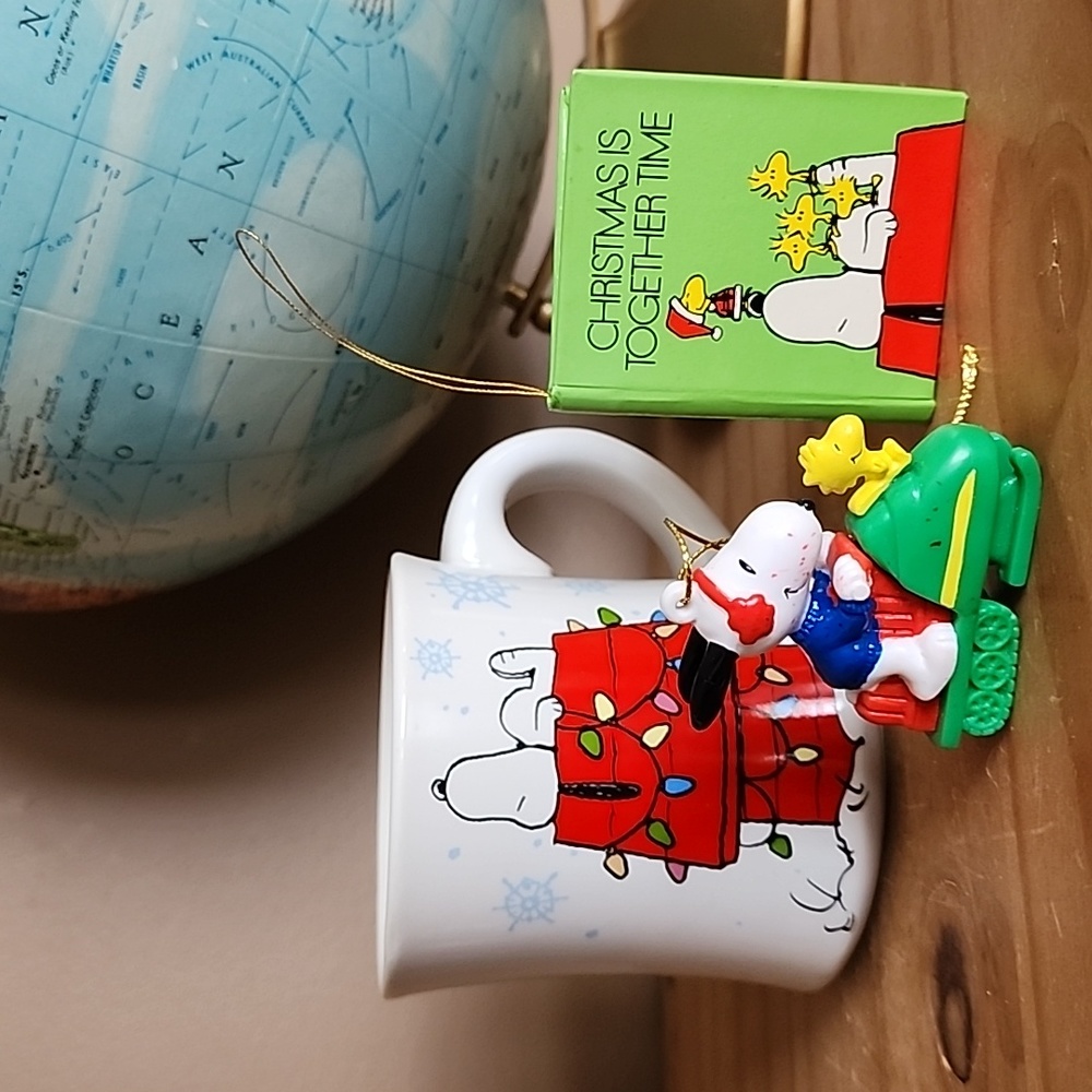 Peanuts SNOOPY Christmas mug with Vintage ornaments.